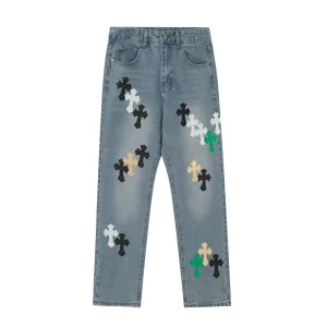 High Quality Super Clone Chrome Hearts Jeans Red Genuine Leather Distressed Exquisite Workmanship Even Stitching Patch