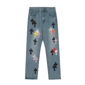 Super Clone Chrome Hearts Jeans Red Genuine Leather Distressed Exquisite Workmanship Even Stitching Patch