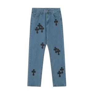 Super Clone Chrome Hearts Jeans Red Genuine Leather Distressed Exquisite Workmanship Even Stitching Patch