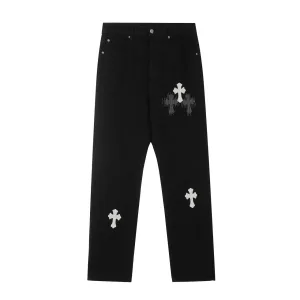 Super Clone Chrome Hearts Jeans Red Genuine Leather Distressed Exquisite Workmanship Even Stitching Patch